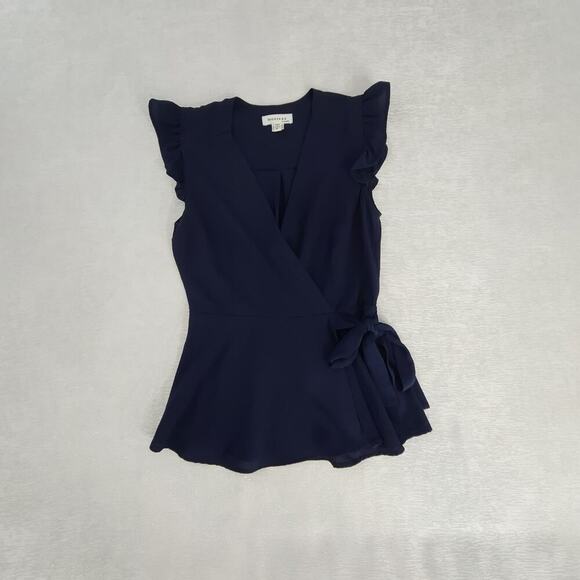 Monteau ladies ruffle cap sleeve faux wrap peplum top blue Size Small office - Picture 3 of 7